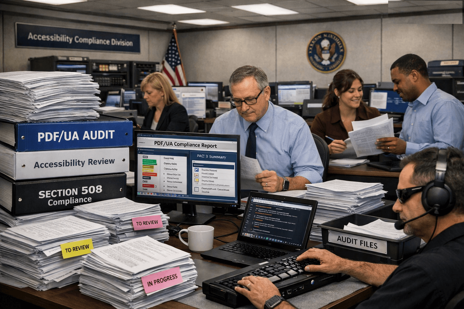 A document accessibility team at work. Binders are labeled PDF/UA Audit, Accessibility Review, and Section 508 Compliance, a monitor shows a PDF/UA Compliance Report with a PAC 3 summary, and a tester wearing a headset reviews files at the keyboard beside stacks marked To Review and In Progress.