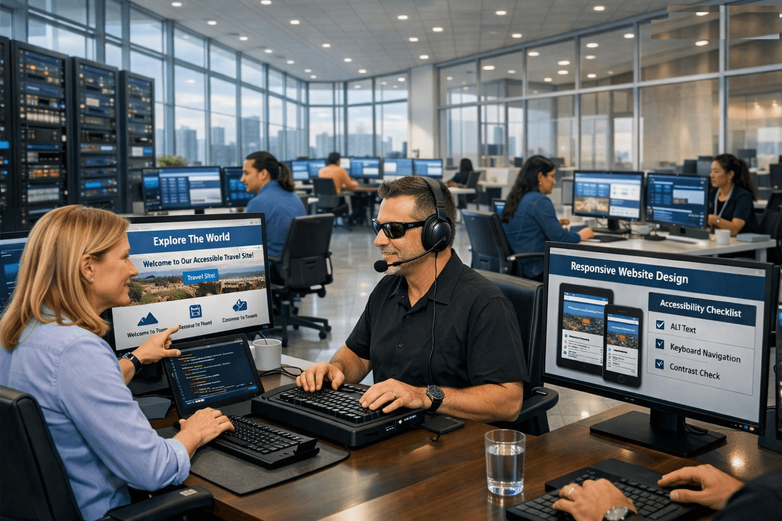 Accessibility testers at work in an open office. A tester in dark glasses and a headset works at the keyboard beside a colleague pointing at a travel website on screen. Another monitor shows Responsive Website Design on a tablet and phone next to an accessibility checklist: Alt Text, Keyboard Navigation, and Contrast Check.