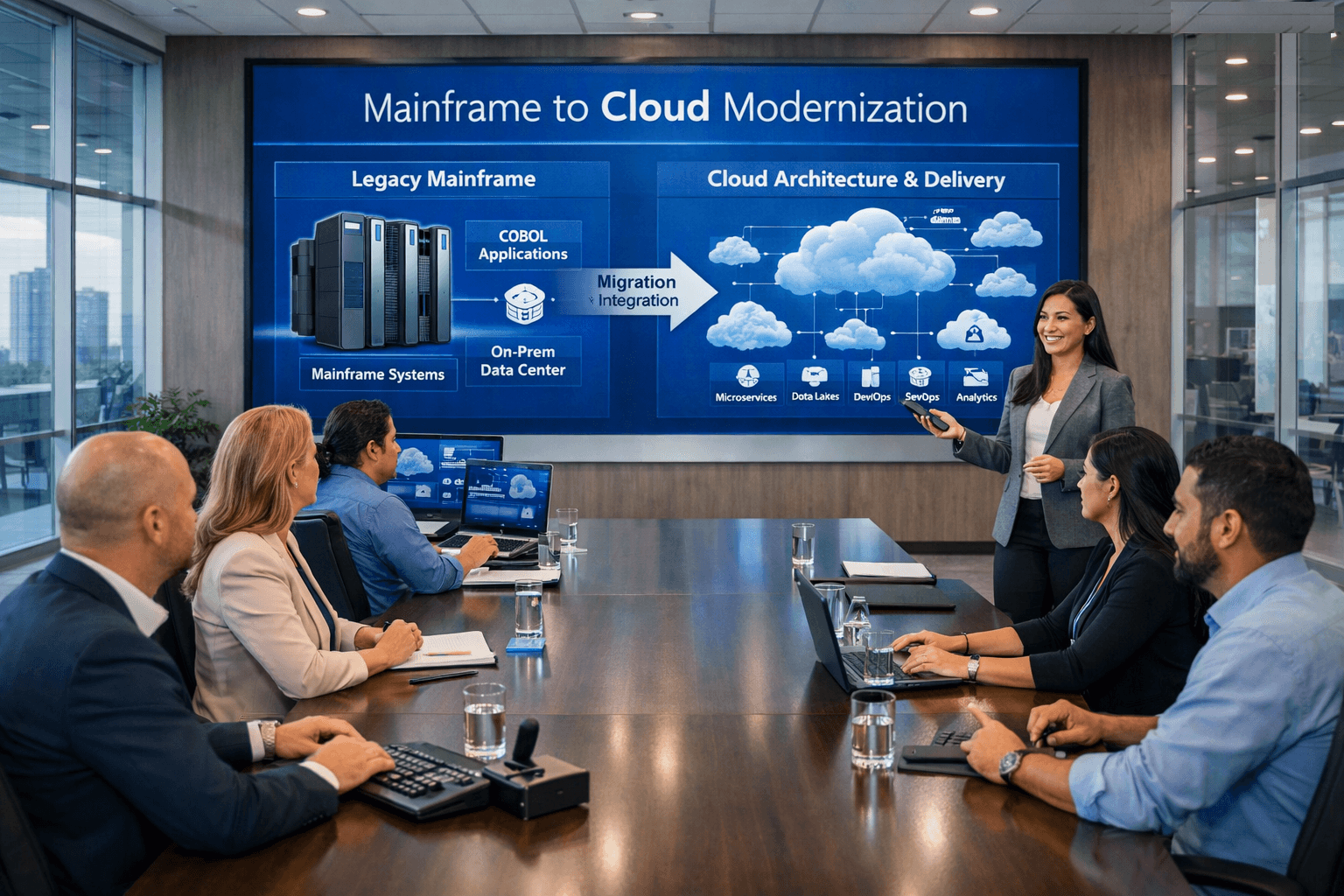 A consultant presents Mainframe to Cloud Modernization to a team at a conference table. The screen shows legacy mainframe systems, COBOL applications, and an on-prem data center moving through migration and integration to cloud architecture and delivery: microservices, data lakes, DevOps, and analytics.